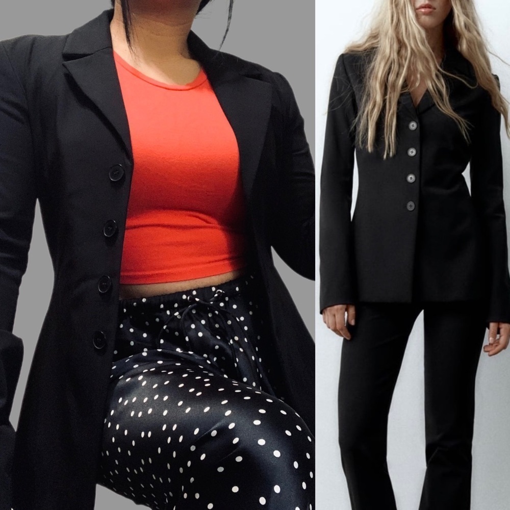 Zara Women Black Long Sleeves Tailored Blazer with Buttons Size XL Shoulder Pads